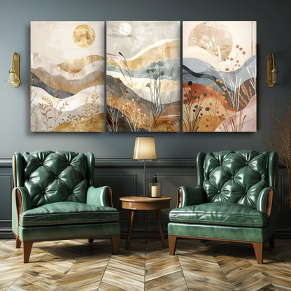 Soyut Minimal Desenler Üçlü Set Cam Tablo