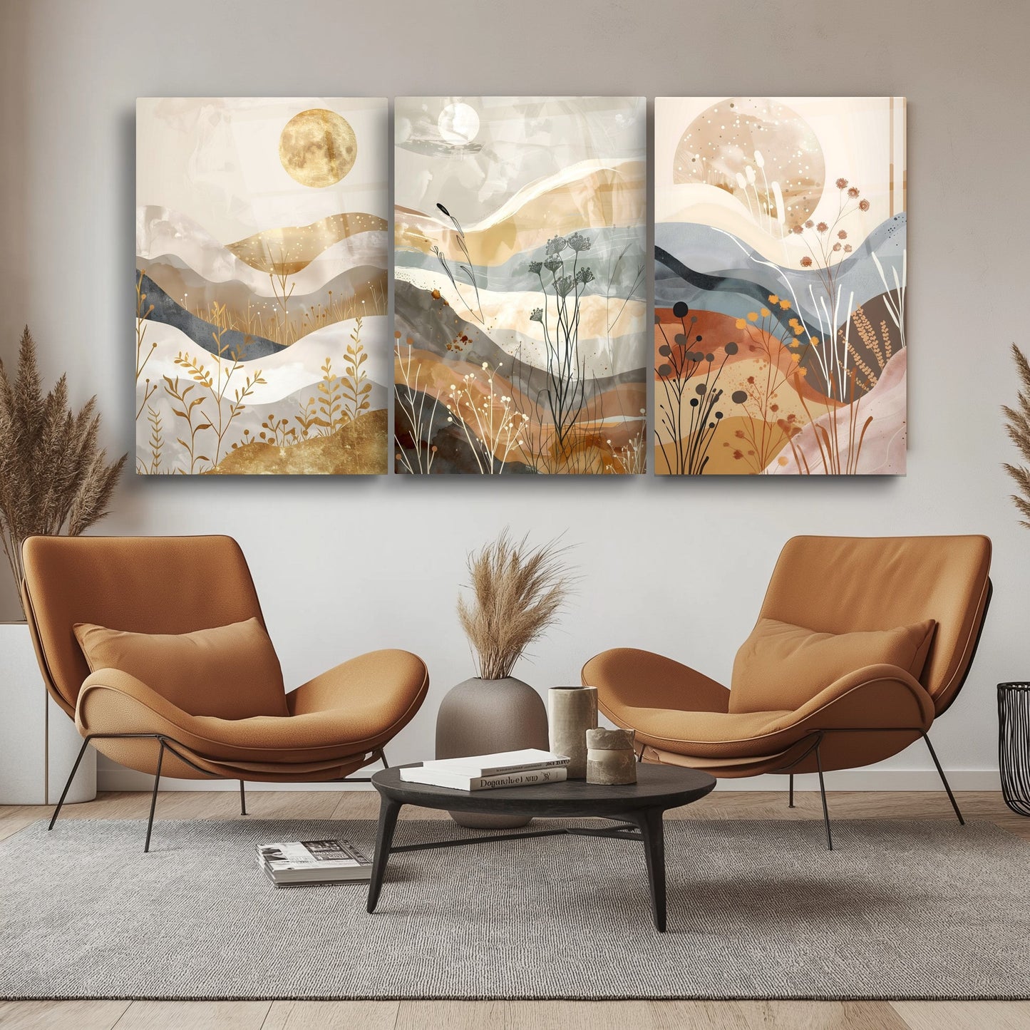 Soyut Minimal Desenler Üçlü Set Cam Tablo