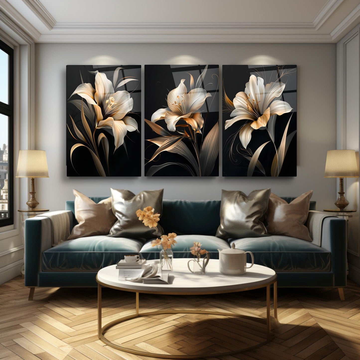 Çiçekler Üçlü Set Cam Tablo