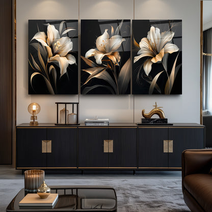 Çiçekler Üçlü Set Cam Tablo