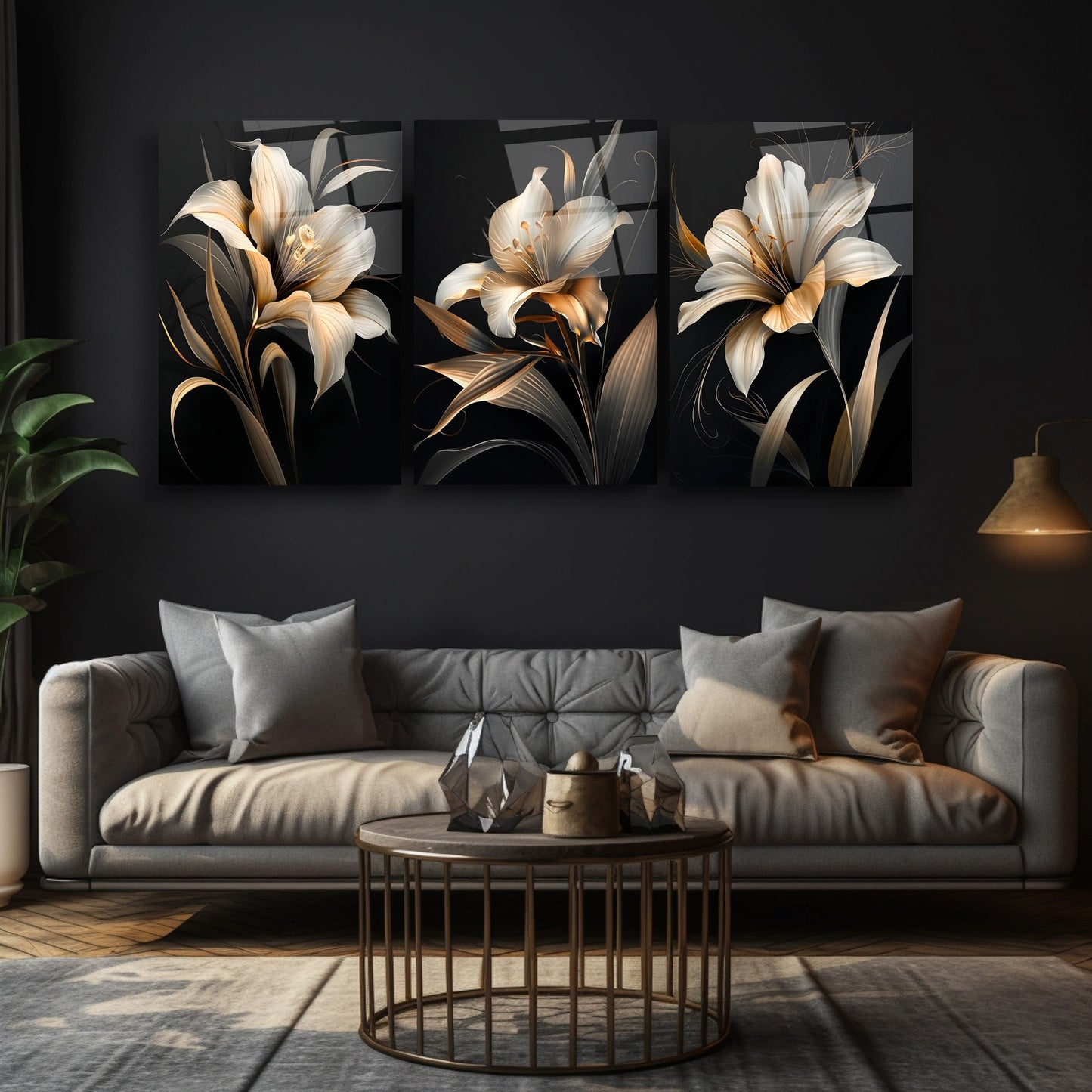 Çiçekler Üçlü Set Cam Tablo