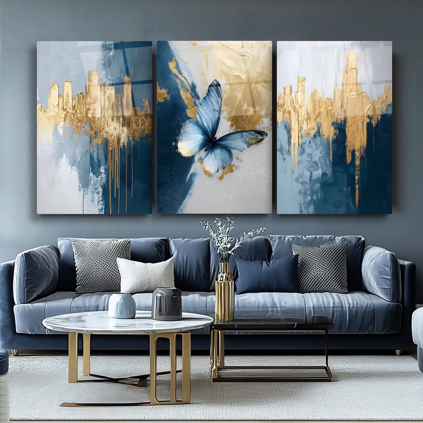 Mavi Kelebek Üçlü Set Cam Tablo