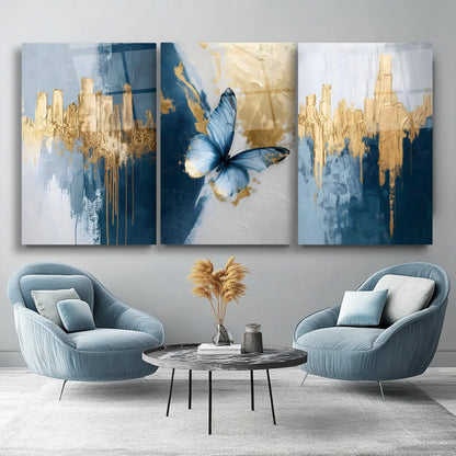 Mavi Kelebek Üçlü Set Cam Tablo