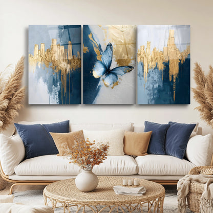 Mavi Kelebek Üçlü Set Cam Tablo