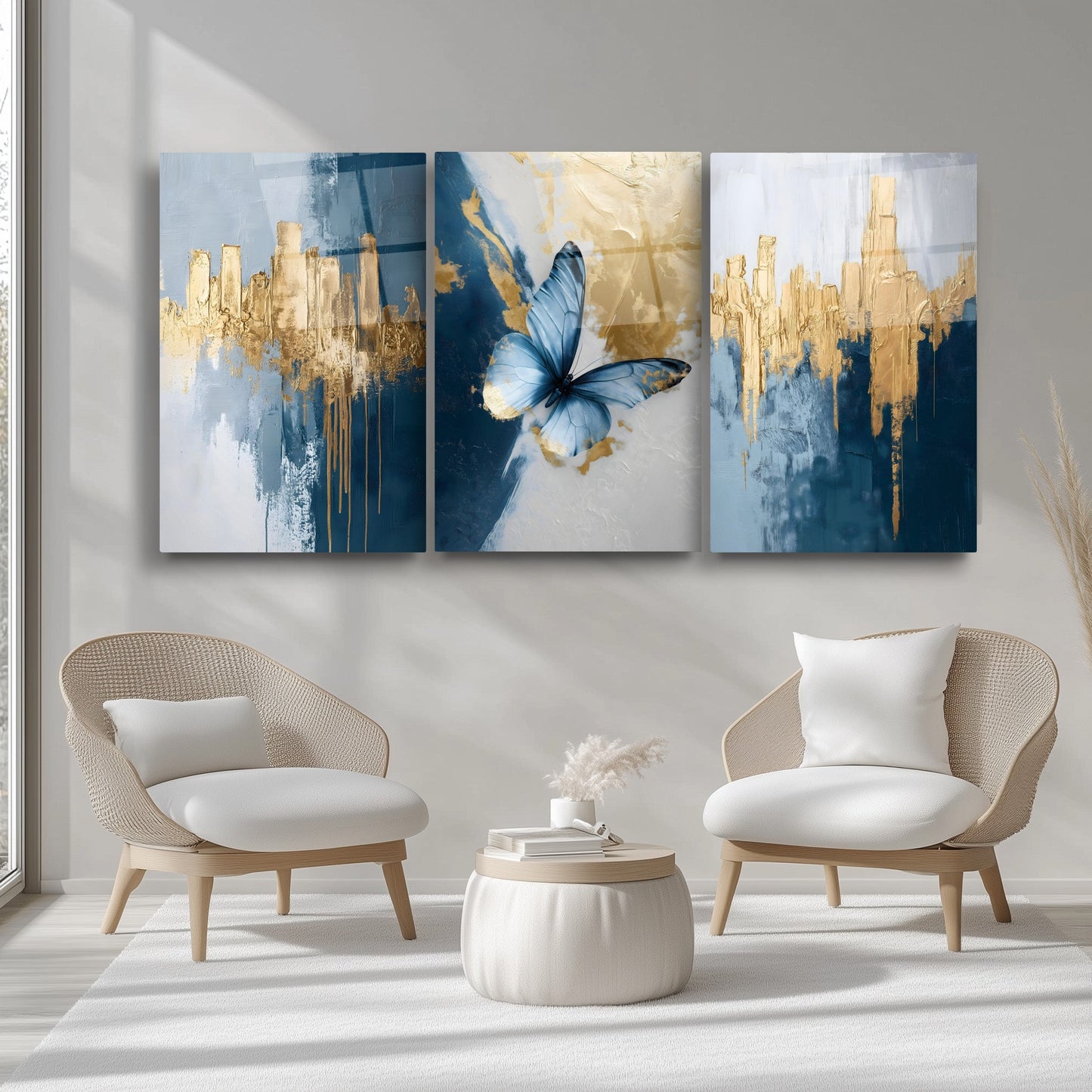 Mavi Kelebek Üçlü Set Cam Tablo