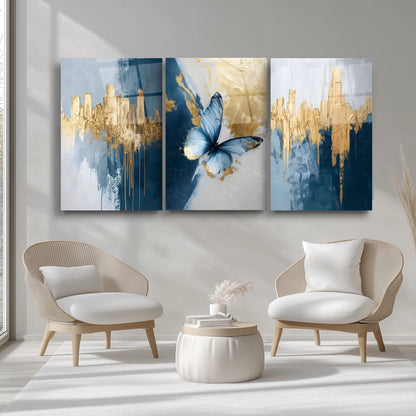 Mavi Kelebek Üçlü Set Cam Tablo