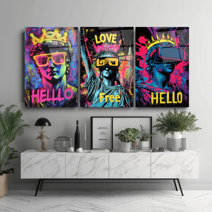 Neon Görünümlü Heykeller Üçlü Set Cam Tablo