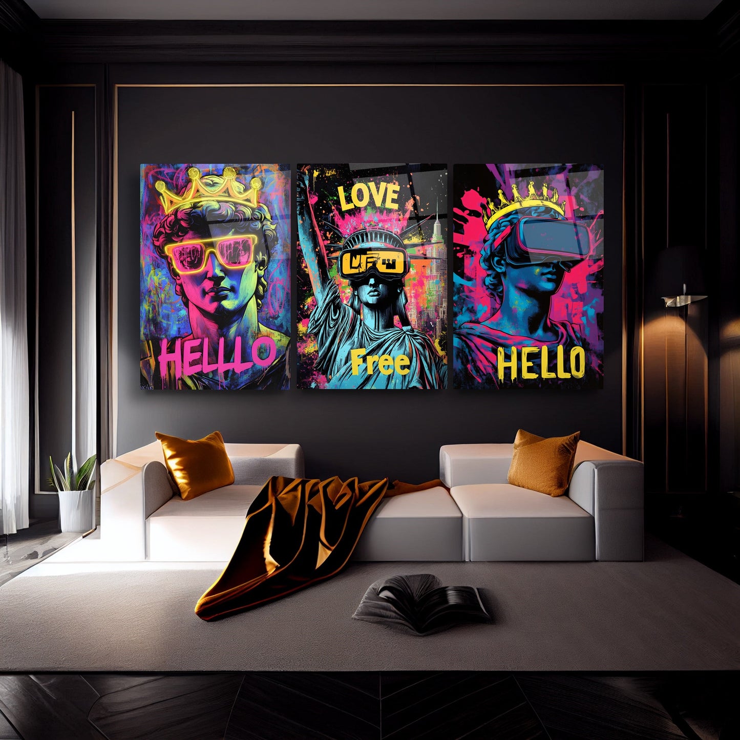 Neon Görünümlü Heykeller Üçlü Set Cam Tablo