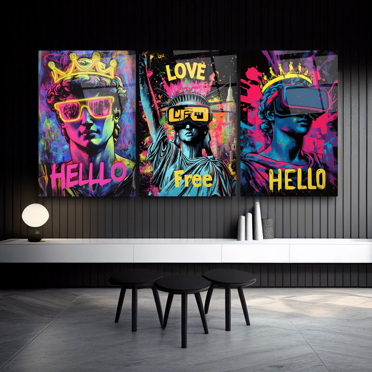 Neon Görünümlü Heykeller Üçlü Set Cam Tablo