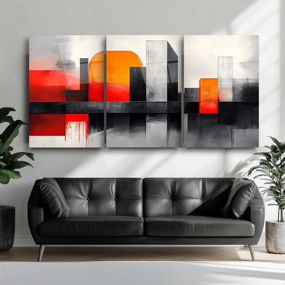 Soyut Turuncu Şehir Üçlü Set Cam Tablo