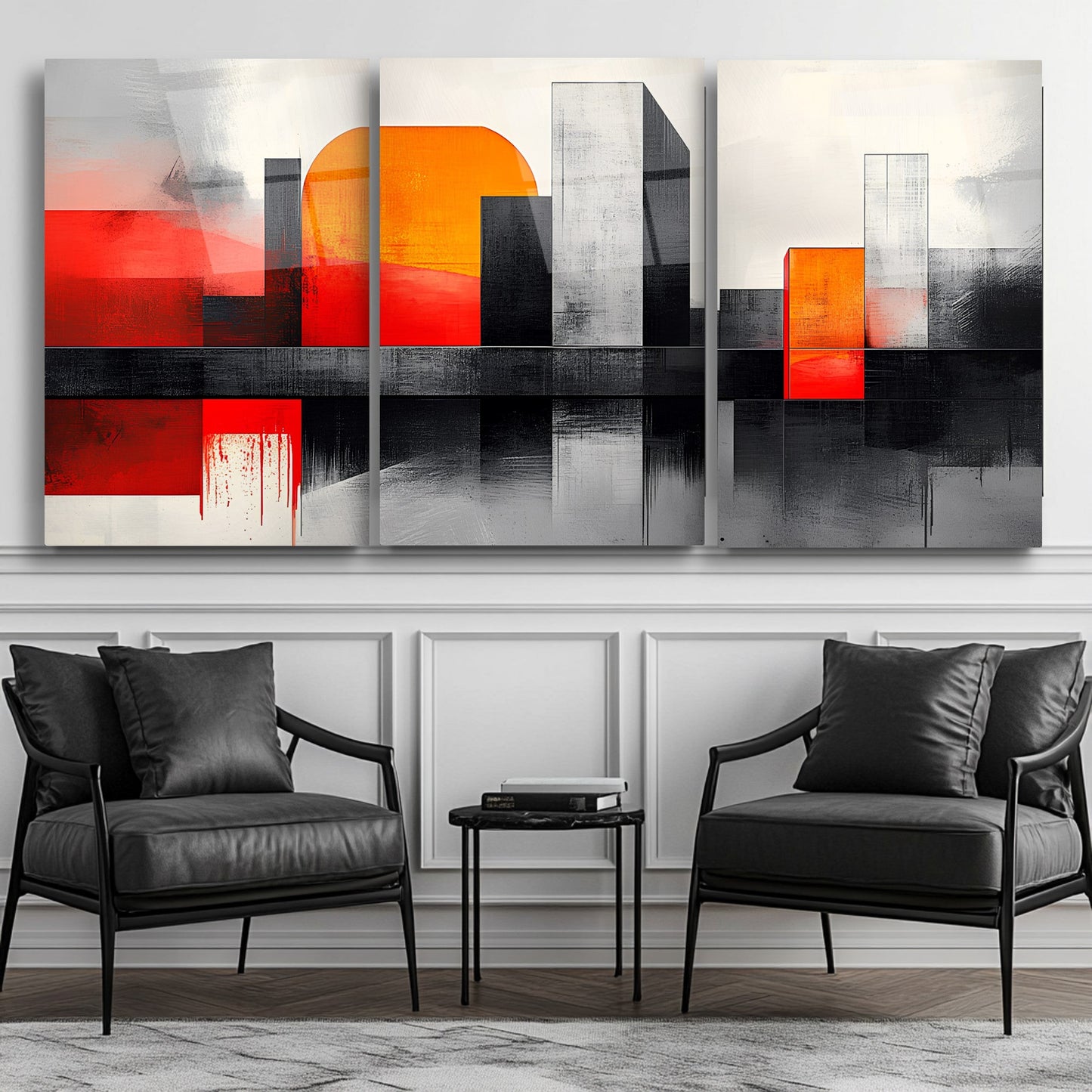 Soyut Turuncu Şehir Üçlü Set Cam Tablo