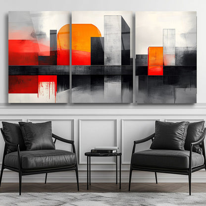 Soyut Turuncu Şehir Üçlü Set Cam Tablo
