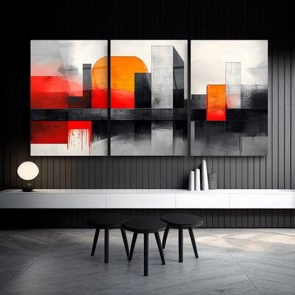 Soyut Turuncu Şehir Üçlü Set Cam Tablo