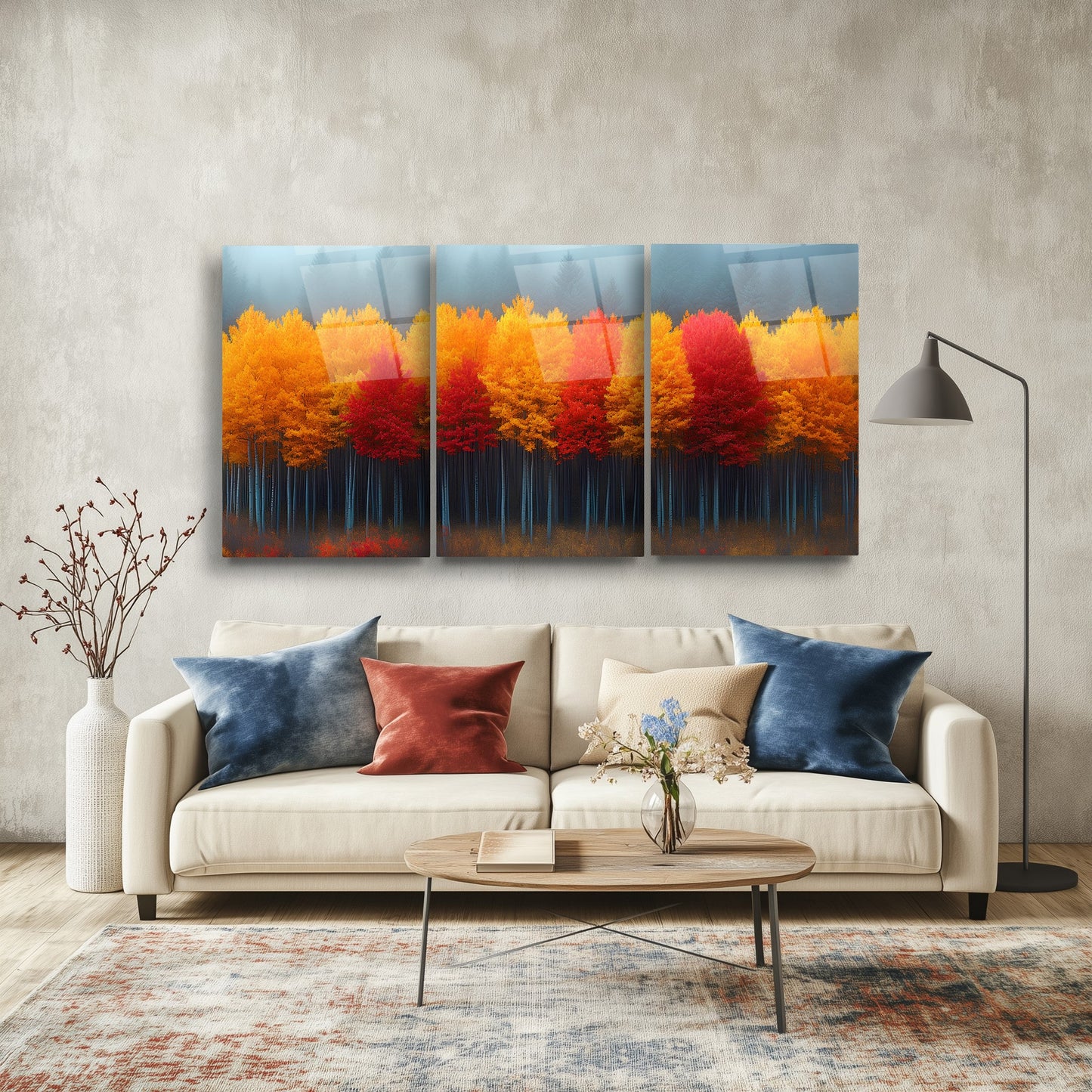 Sonbahar Renkli Orman Üçlü Set Cam Tablo