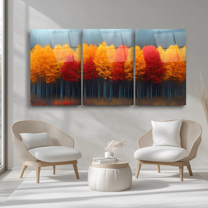 Sonbahar Renkli Orman Üçlü Set Cam Tablo