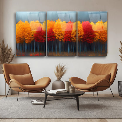 Sonbahar Renkli Orman Üçlü Set Cam Tablo