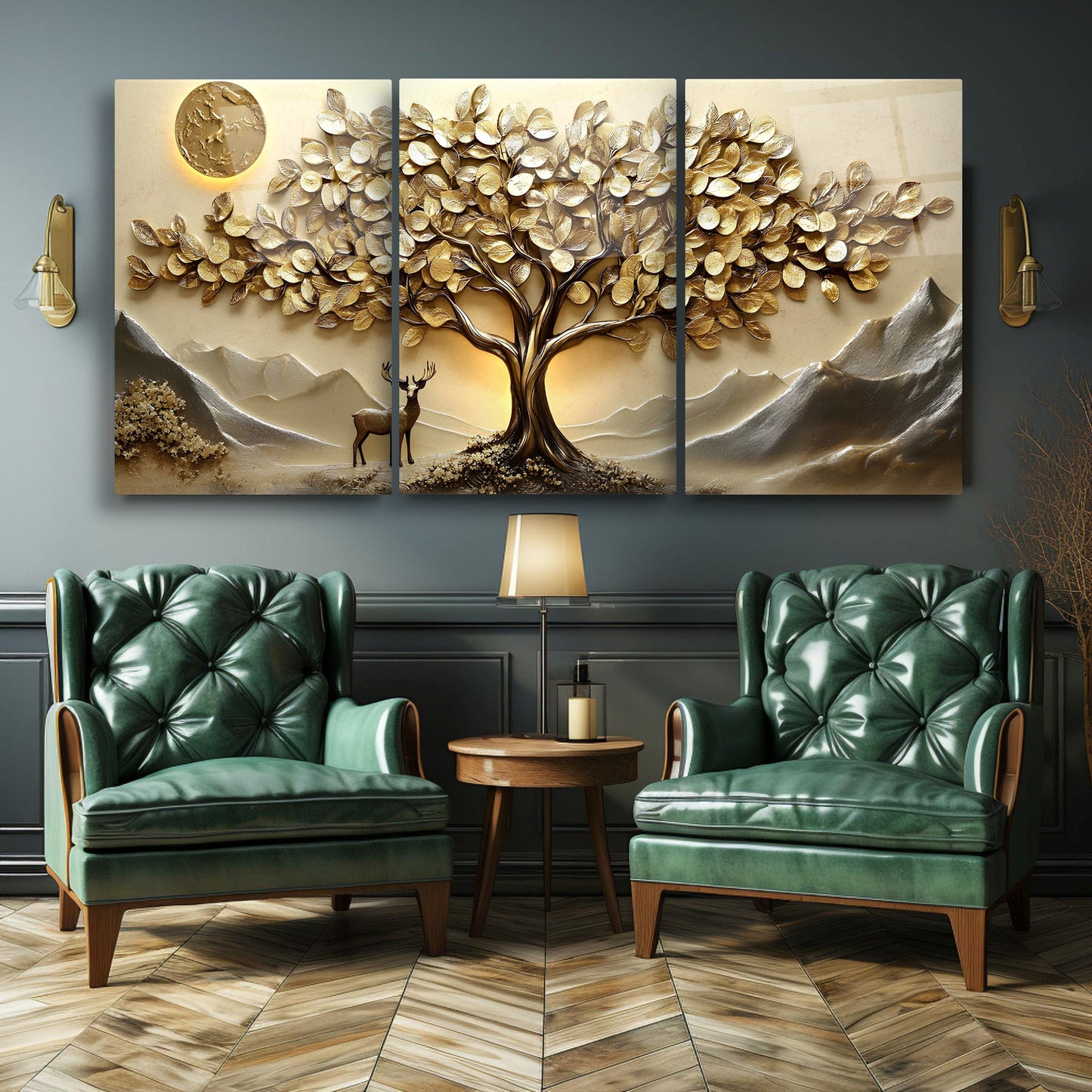 Gold Hayat Ağacı Üçlü Set Cam Tablo
