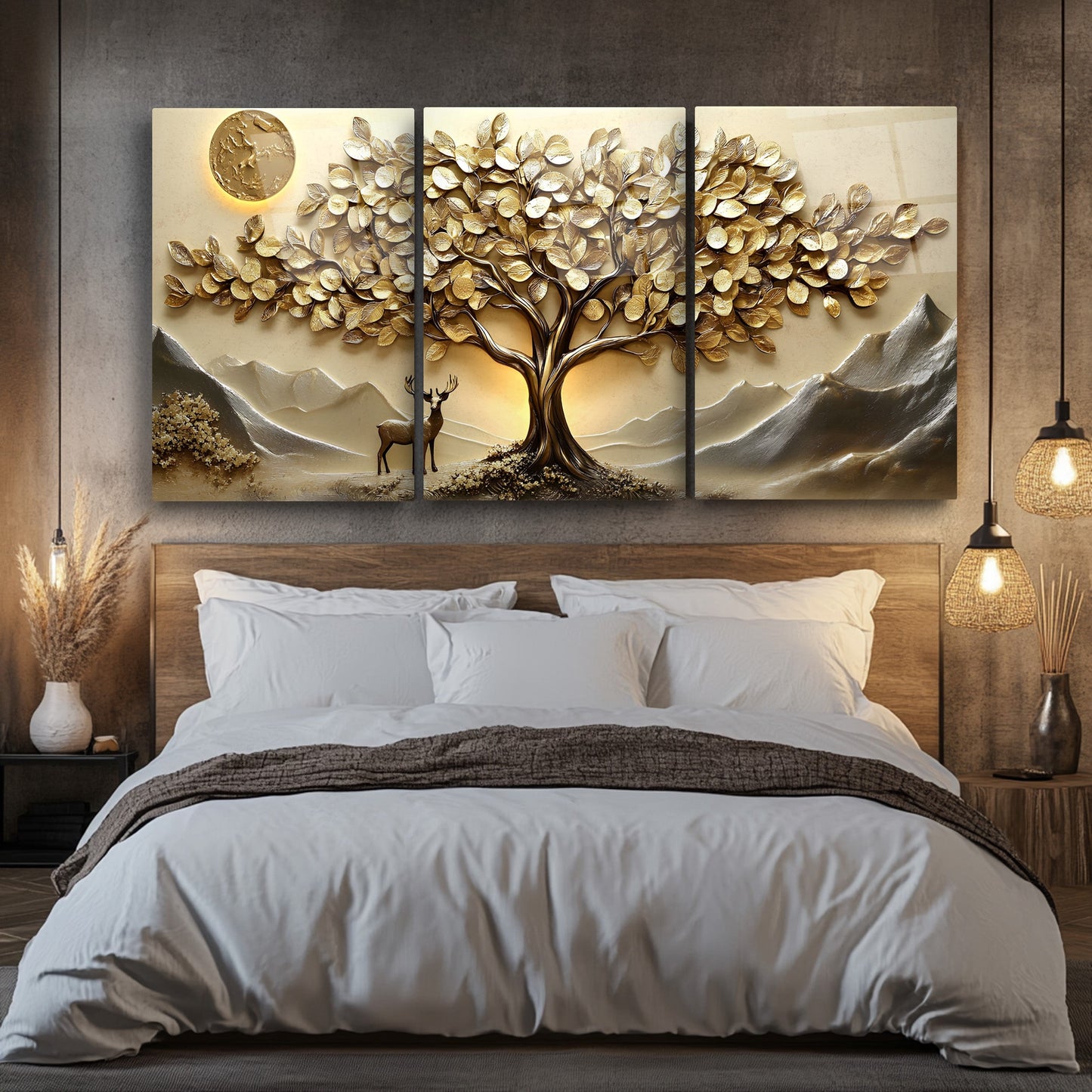 Gold Hayat Ağacı Üçlü Set Cam Tablo