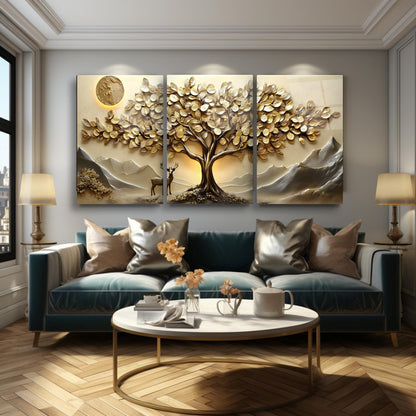 Gold Hayat Ağacı Üçlü Set Cam Tablo