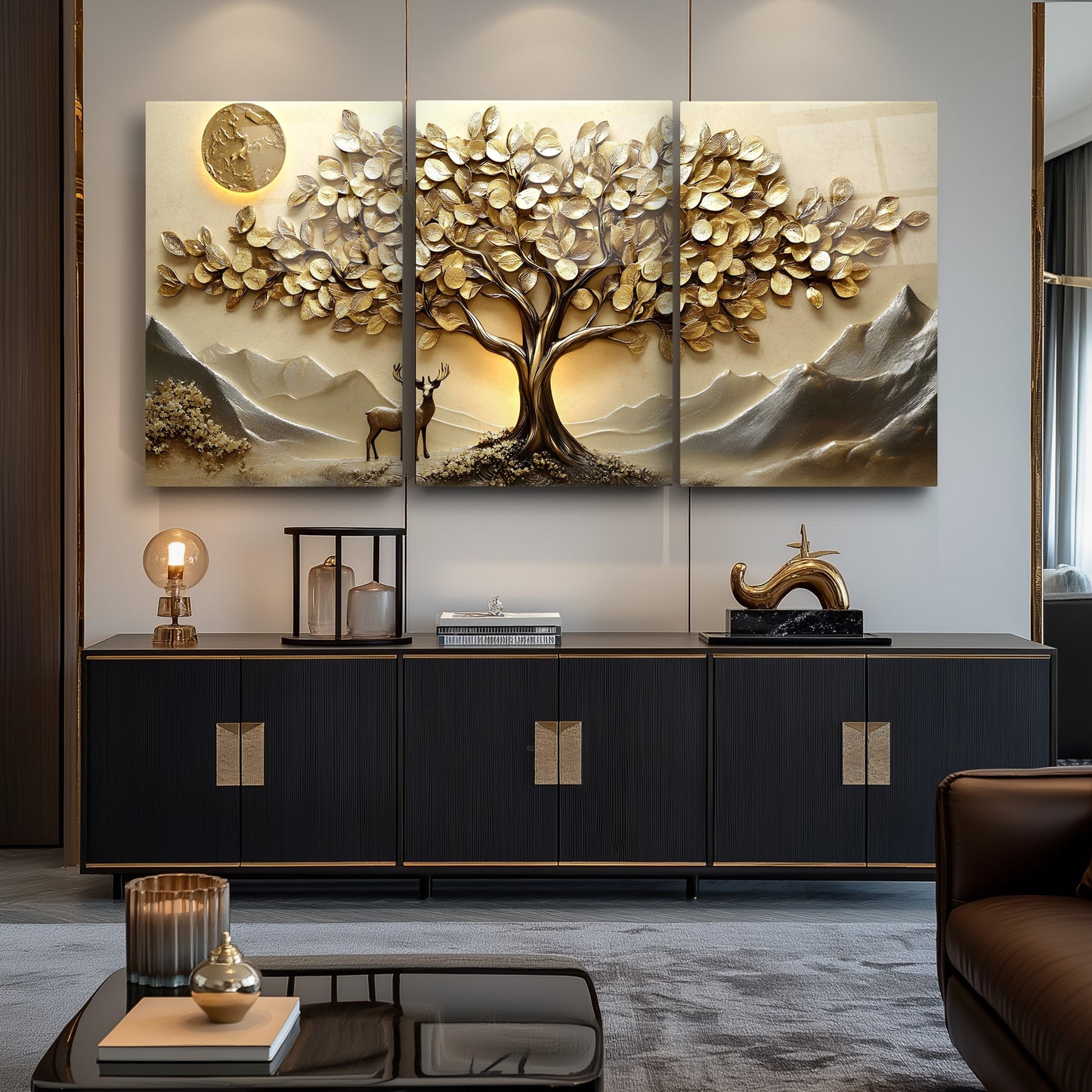 Gold Hayat Ağacı Üçlü Set Cam Tablo