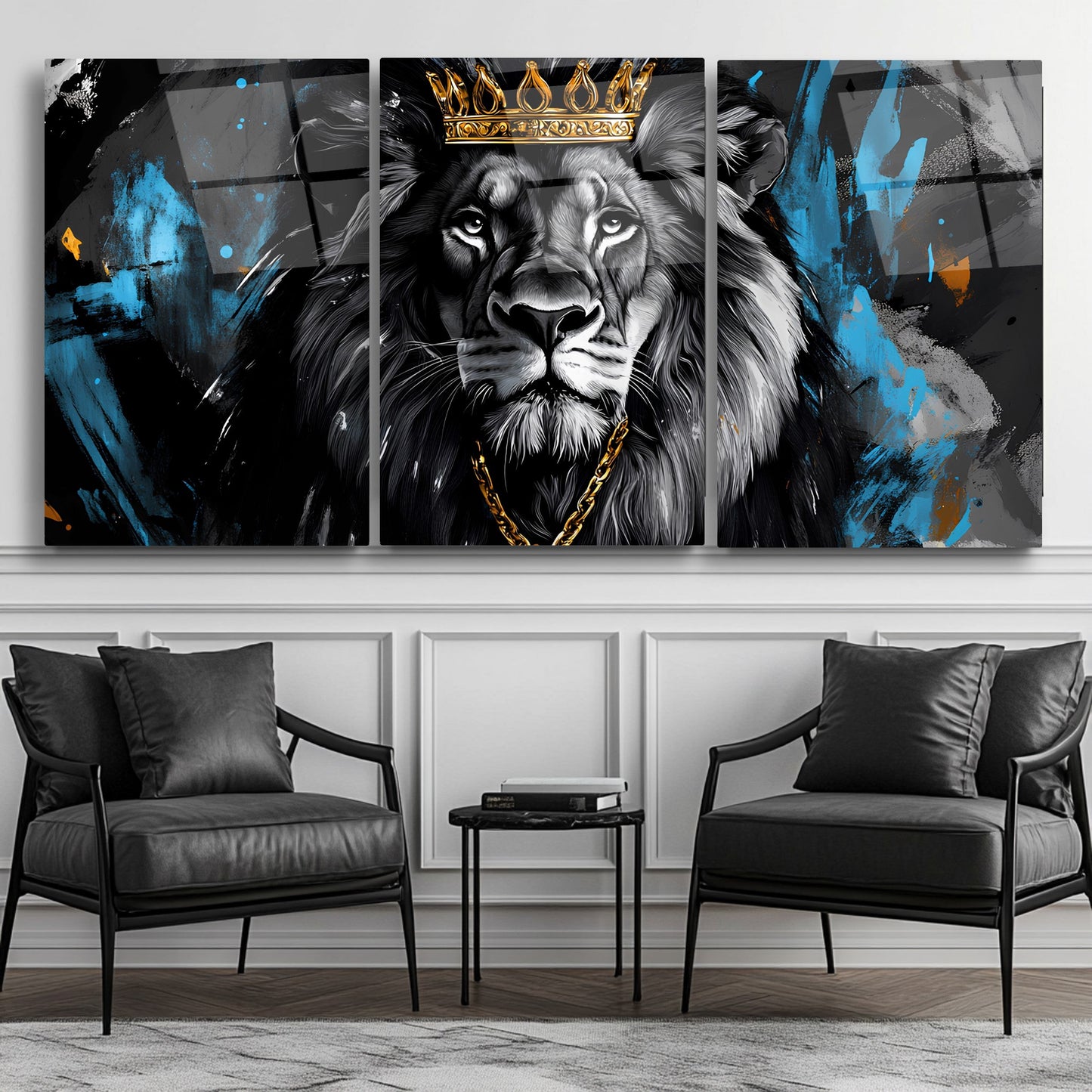 Taçlı Mavi Aslan Üçlü Set Cam Tablo