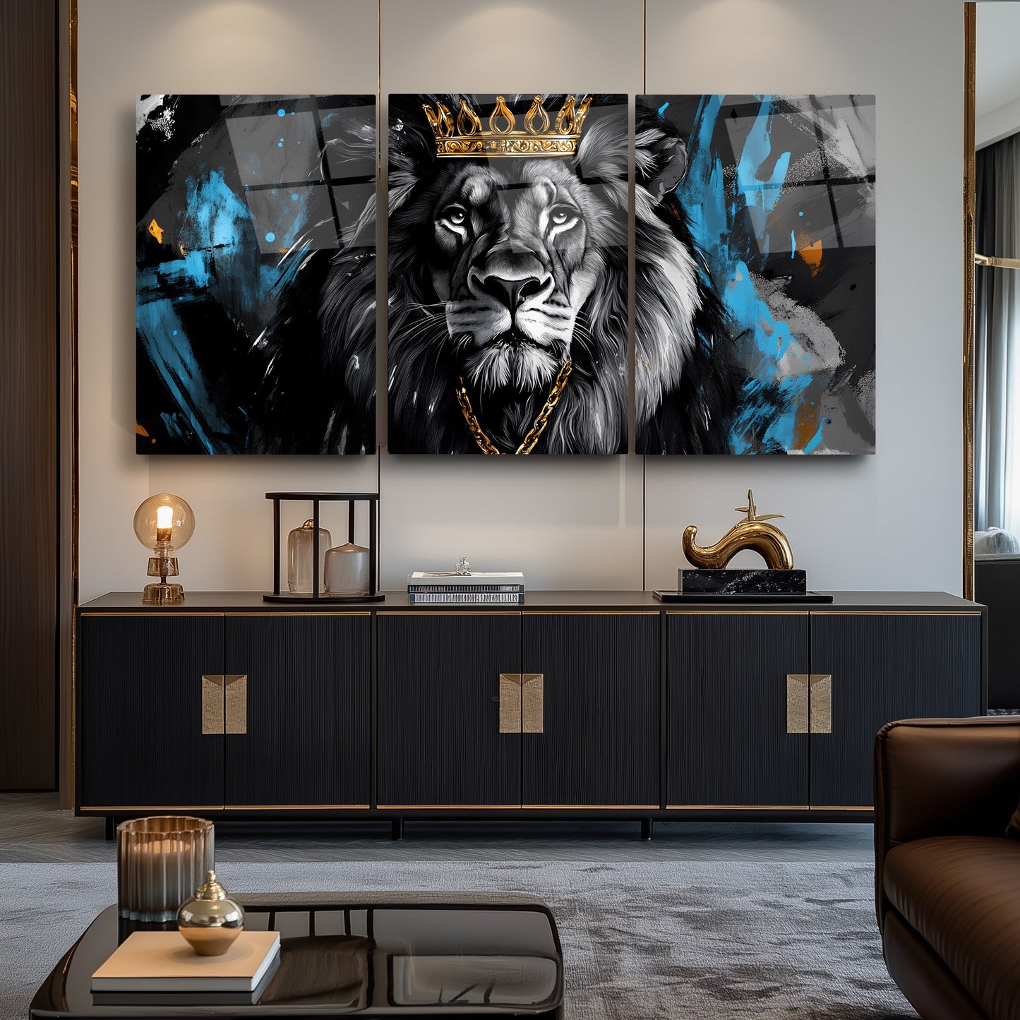 Taçlı Mavi Aslan Üçlü Set Cam Tablo