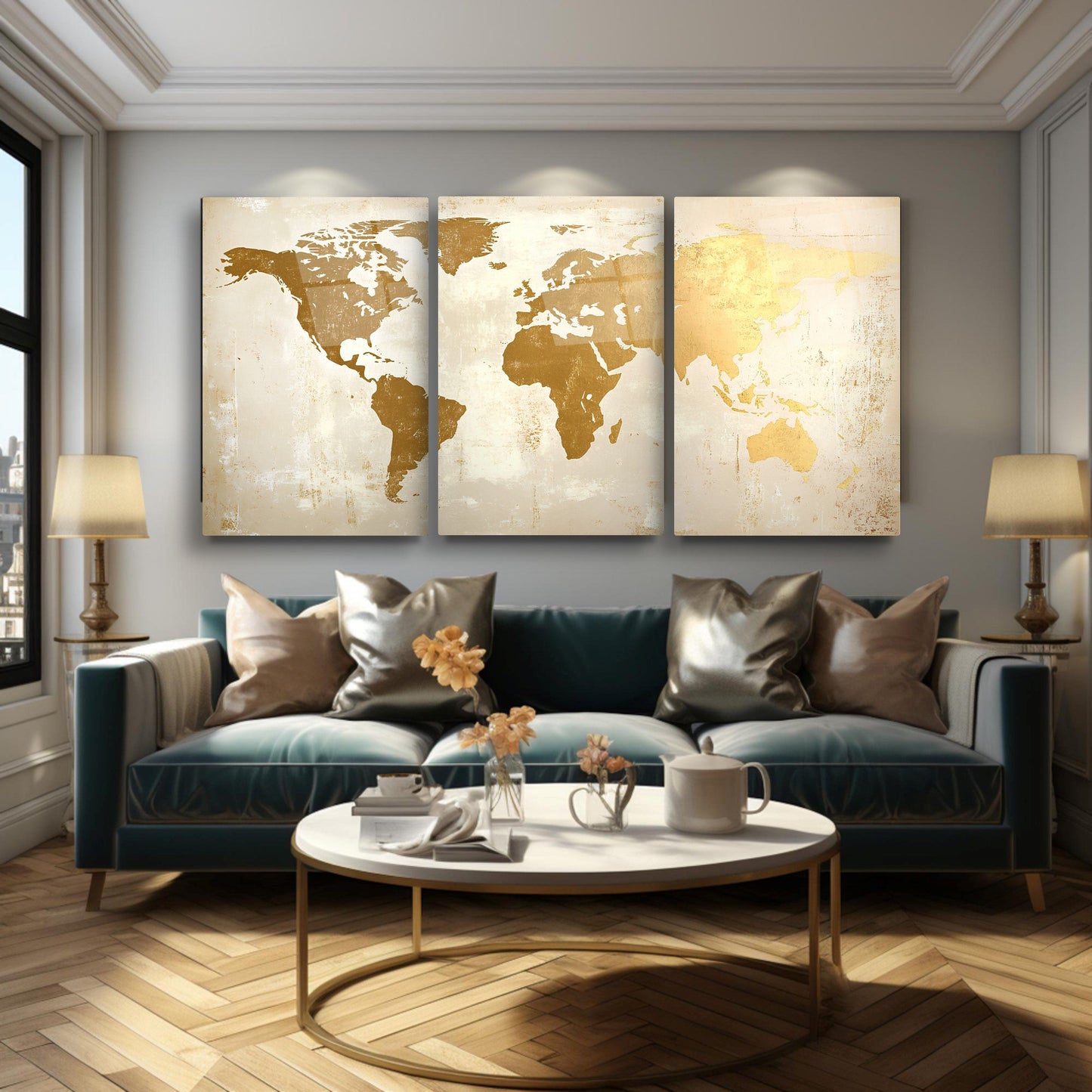 Gold Beyaz Dünya Haritası Üçlü Set Cam Tablo