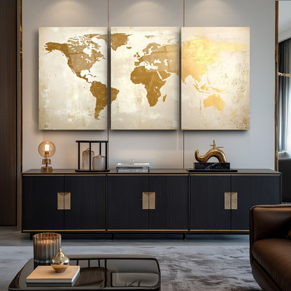 Gold Beyaz Dünya Haritası Üçlü Set Cam Tablo