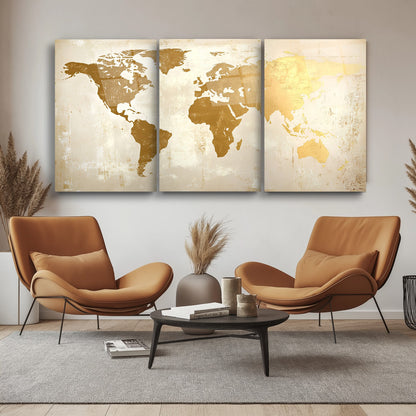 Gold Beyaz Dünya Haritası Üçlü Set Cam Tablo
