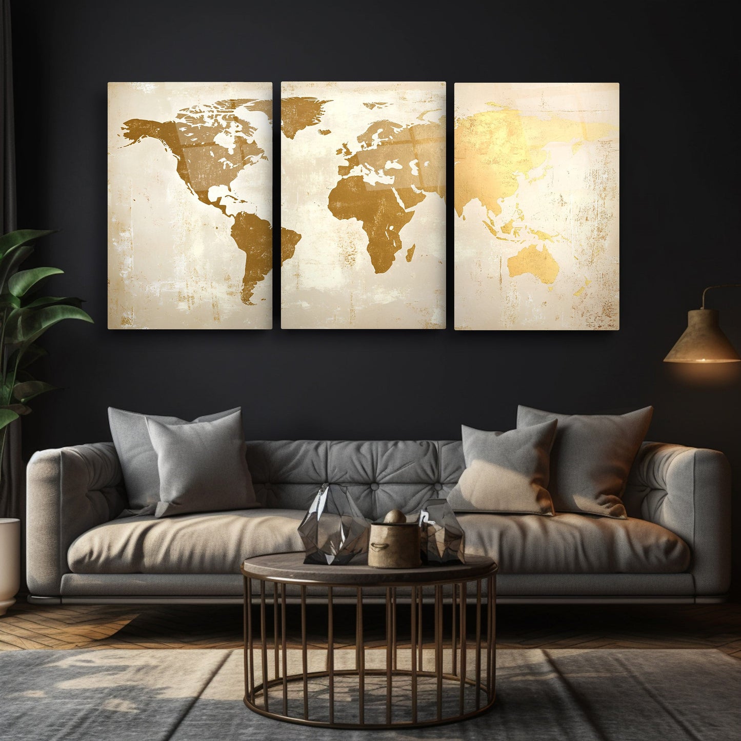 Gold Beyaz Dünya Haritası Üçlü Set Cam Tablo