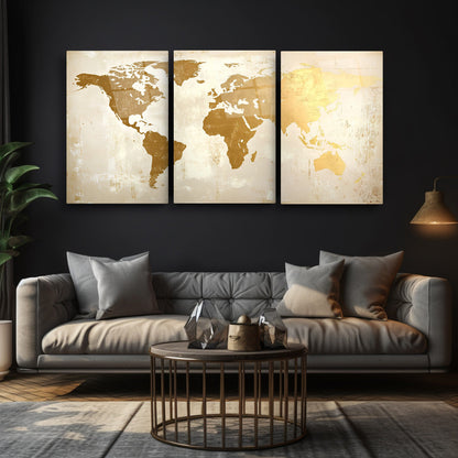 Gold Beyaz Dünya Haritası Üçlü Set Cam Tablo