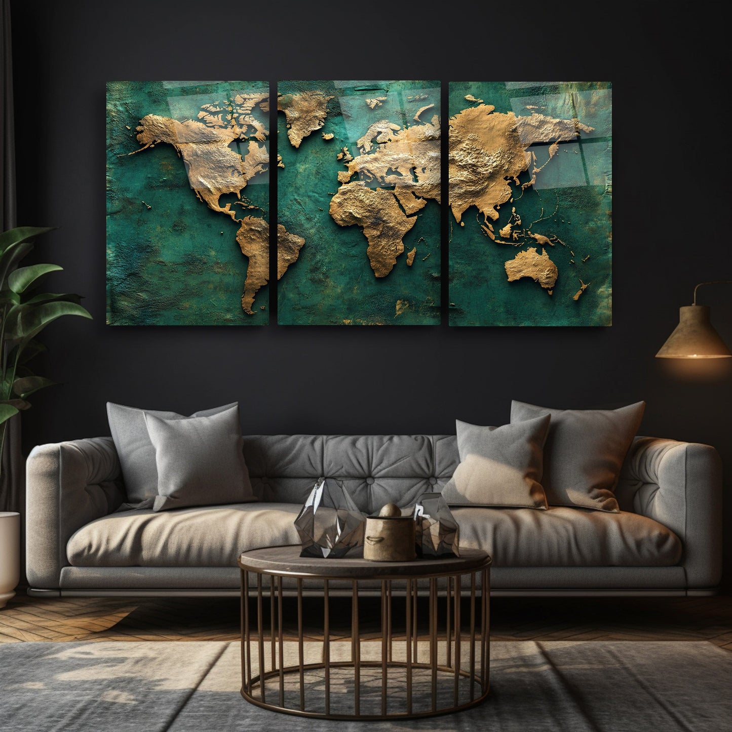 Gold Yeşil Dünya Haritası Üçlü Set Cam Tablo