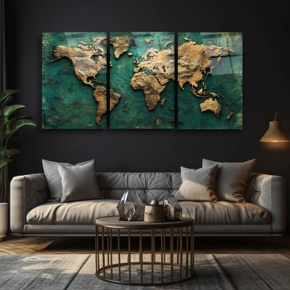 Gold Yeşil Dünya Haritası Üçlü Set Cam Tablo