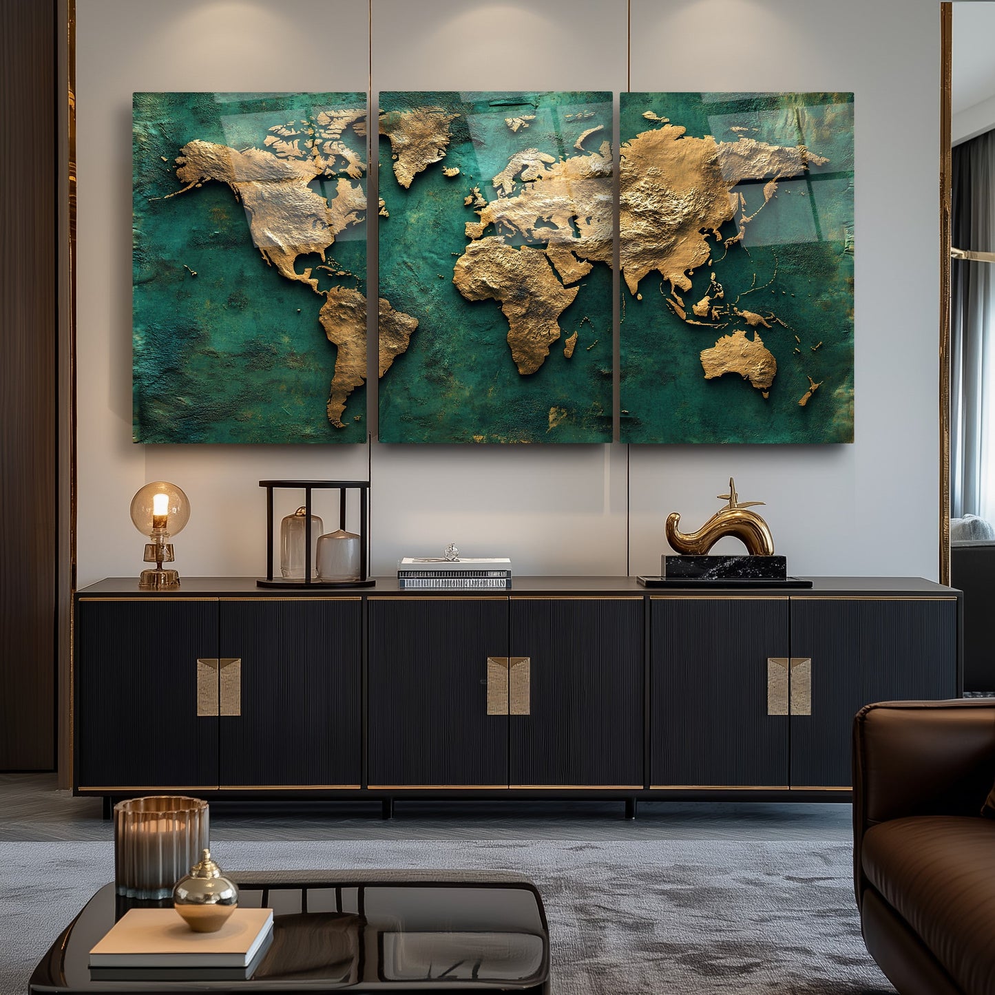 Gold Yeşil Dünya Haritası Üçlü Set Cam Tablo