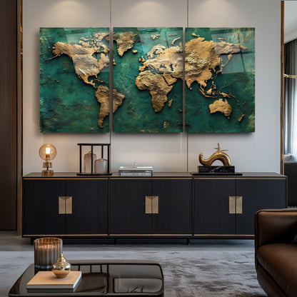 Gold Yeşil Dünya Haritası Üçlü Set Cam Tablo