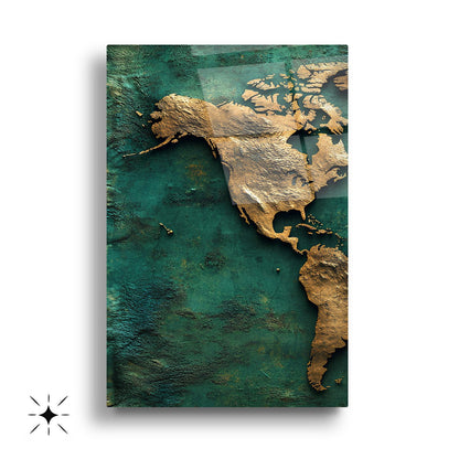 Gold Yeşil Dünya Haritası Üçlü Set Cam Tablo