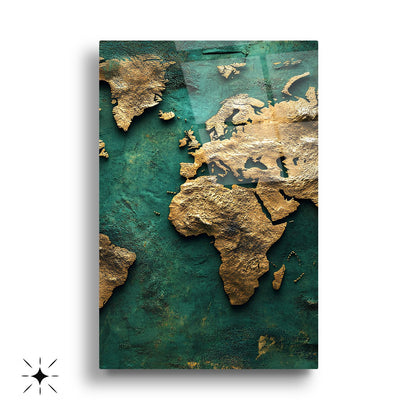 Gold Yeşil Dünya Haritası Üçlü Set Cam Tablo