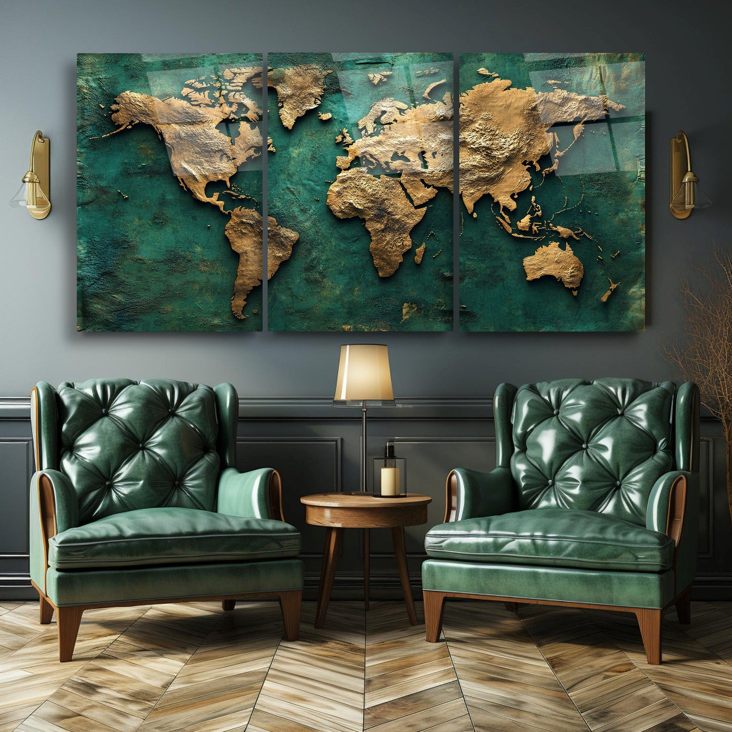 Gold Yeşil Dünya Haritası Üçlü Set Cam Tablo