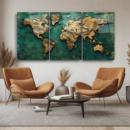 Gold Yeşil Dünya Haritası Üçlü Set Cam Tablo