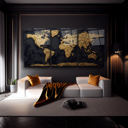Gold Siyah Dünya Haritası Üçlü Set Cam Tablo