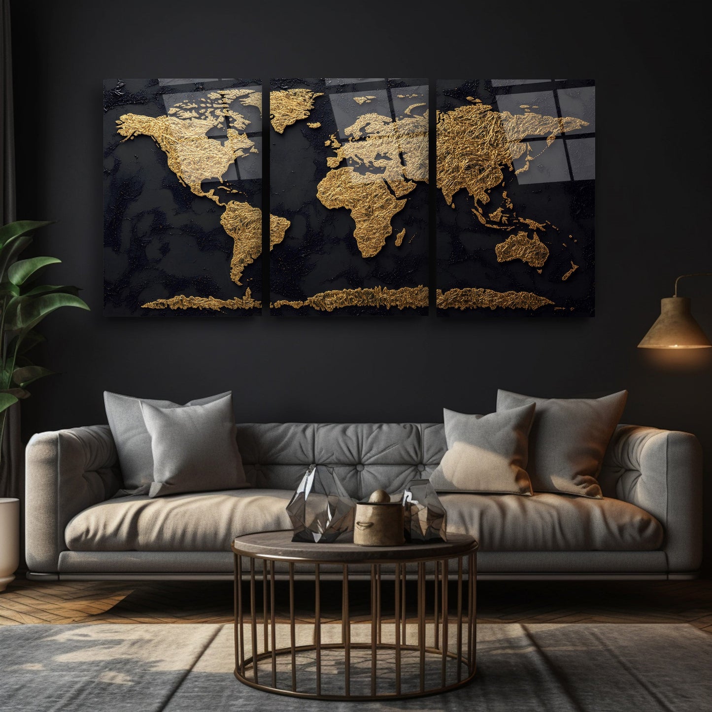 Gold Siyah Dünya Haritası Üçlü Set Cam Tablo