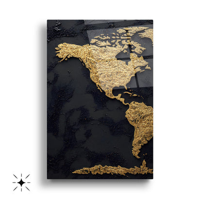 Gold Siyah Dünya Haritası Üçlü Set Cam Tablo