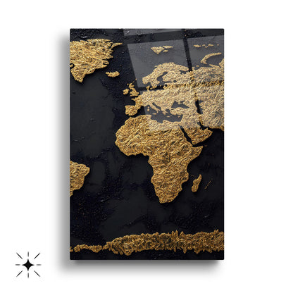 Gold Siyah Dünya Haritası Üçlü Set Cam Tablo