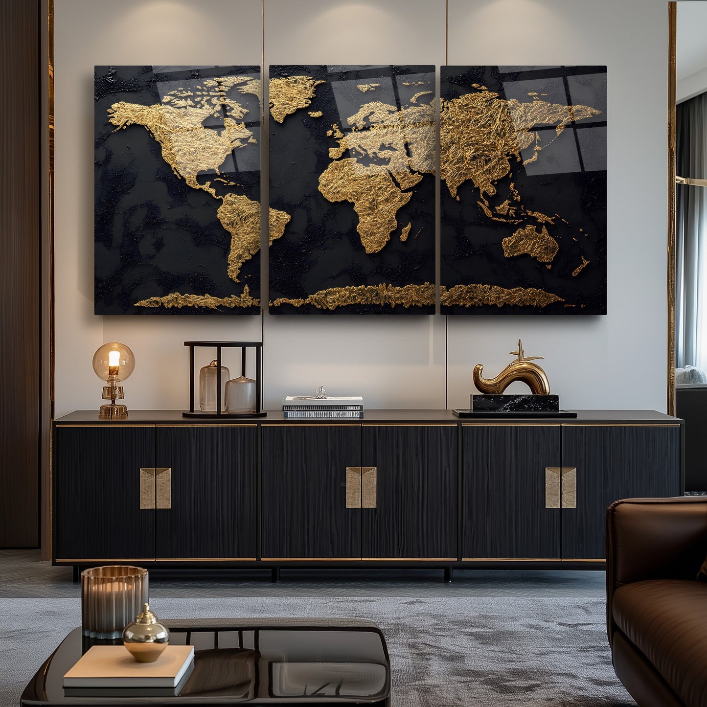 Gold Siyah Dünya Haritası Üçlü Set Cam Tablo