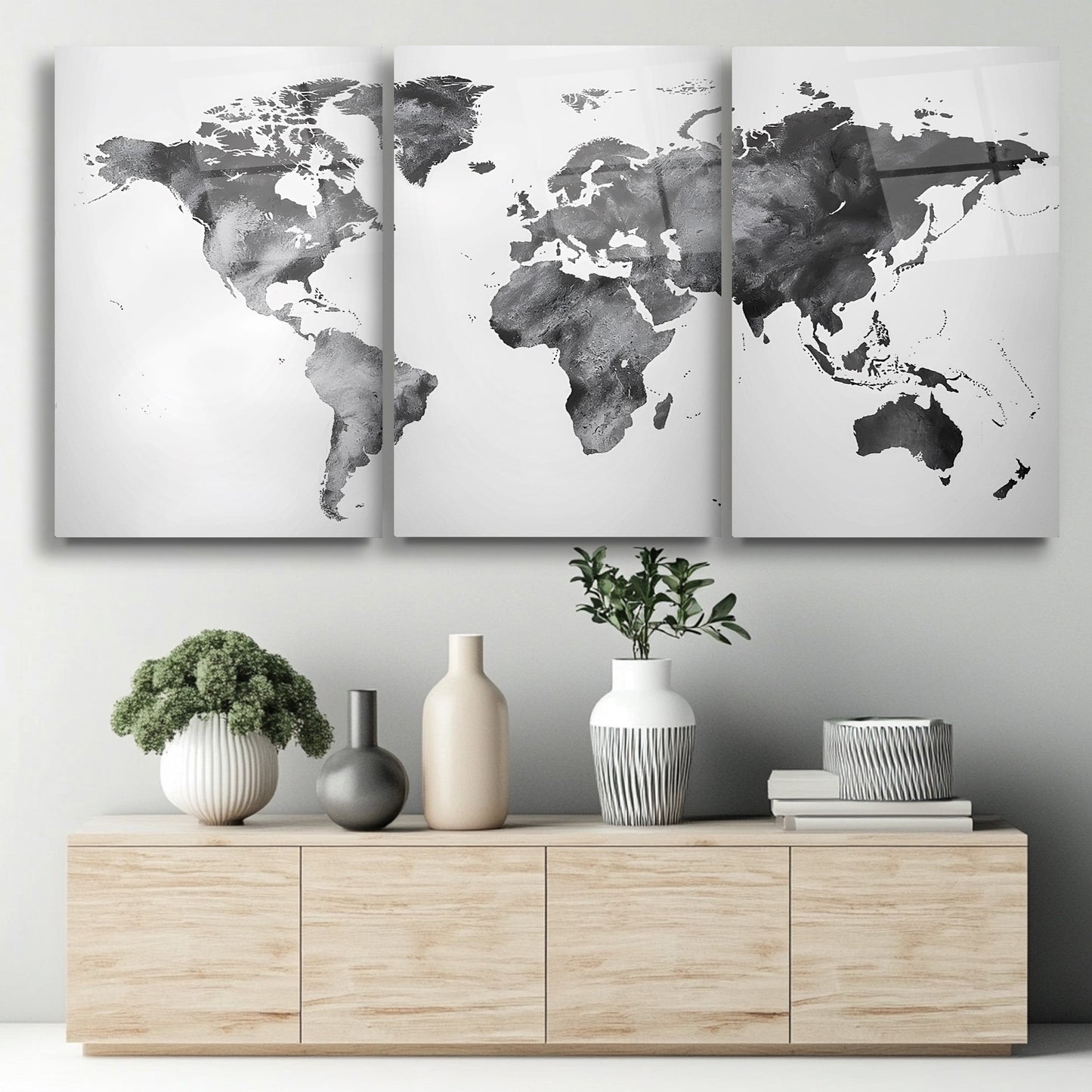 Siyah Beyaz Dünya Haritası Üçlü Set Cam Tablo