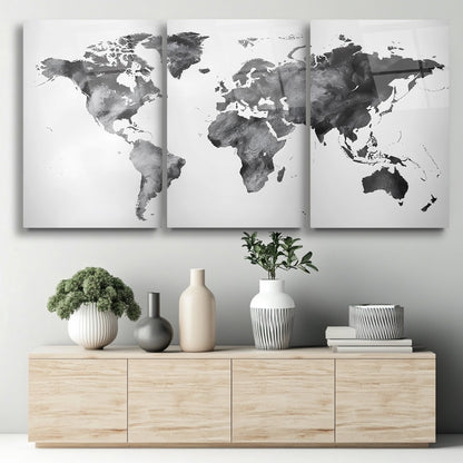 Siyah Beyaz Dünya Haritası Üçlü Set Cam Tablo
