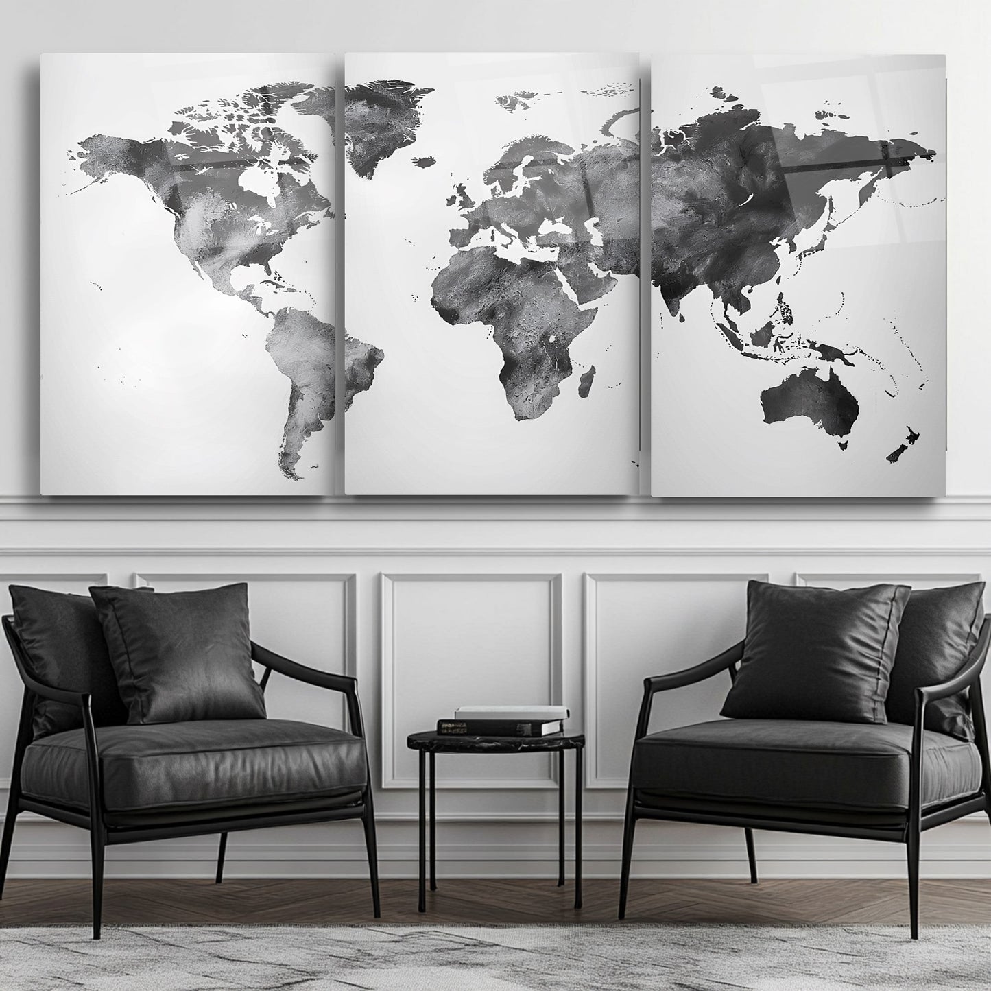 Siyah Beyaz Dünya Haritası Üçlü Set Cam Tablo