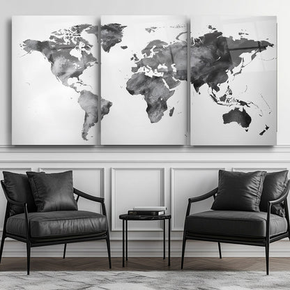 Siyah Beyaz Dünya Haritası Üçlü Set Cam Tablo