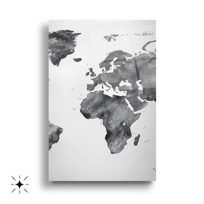Siyah Beyaz Dünya Haritası Üçlü Set Cam Tablo