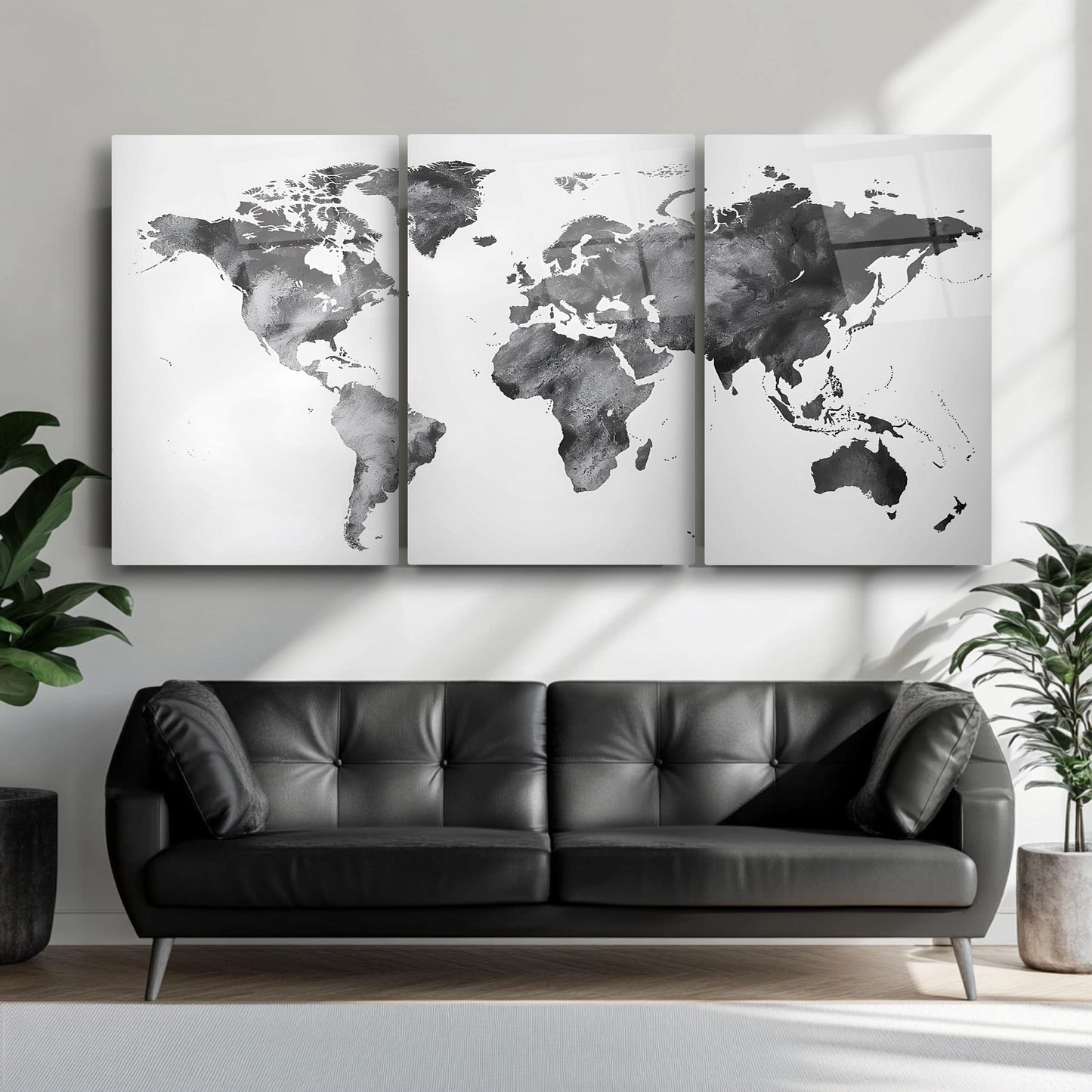 Siyah Beyaz Dünya Haritası Üçlü Set Cam Tablo